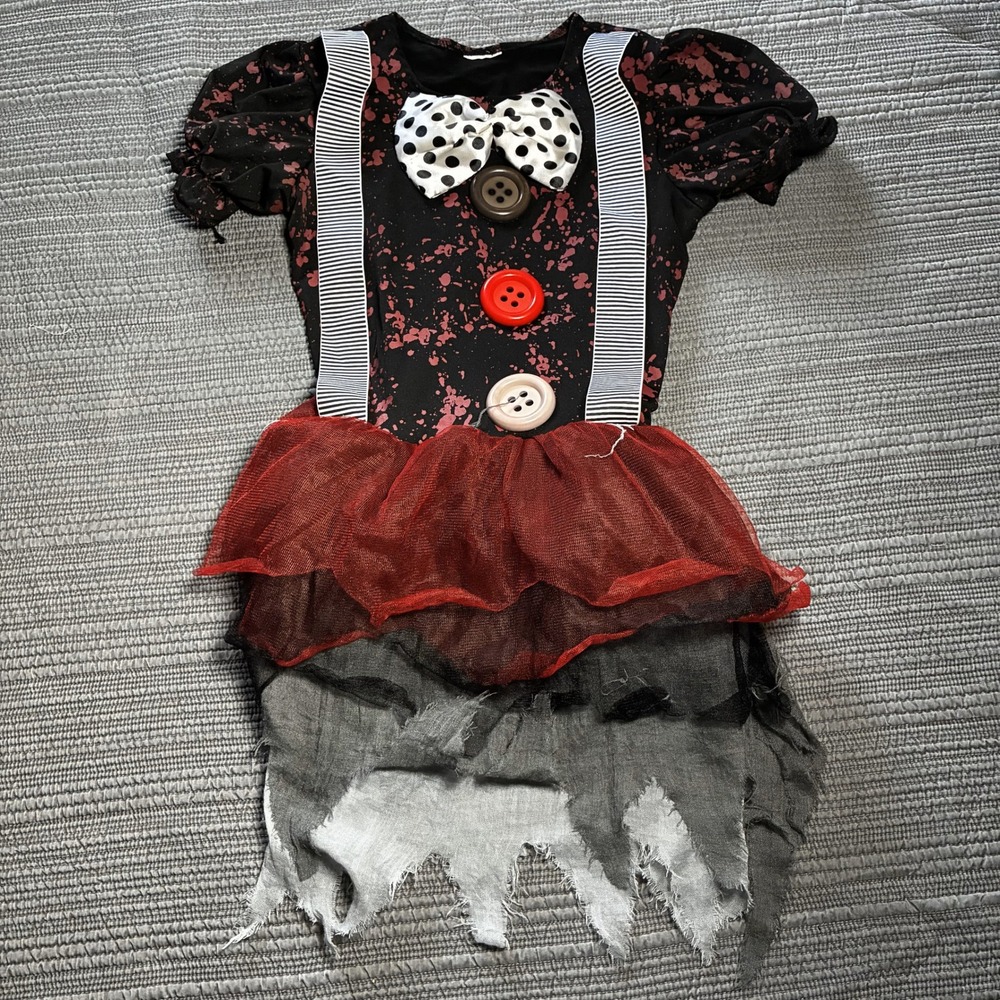 Creepy Clown Costume Girls Dress Halloween Horror Blood Splatter Tattered Tutu